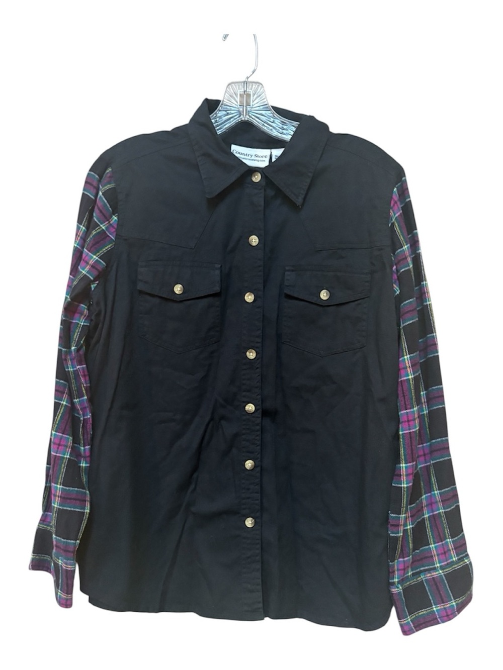 Country Store L Black Plaid Sleeve Button Up Shirt 90s Grunge Cotton